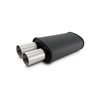 Vibrant Performance - 12321- STREETPOWER FLAT BLACK Oval Muffler with Dual 304SS Brushed Tips; Inlet ID: 3.00 in (76.2mm) Tip OD: 3.00 in (76.2mm); Muffler Body Size: 9 inW x 5 inH x 15 inL; Tip Location: Center of End Cap