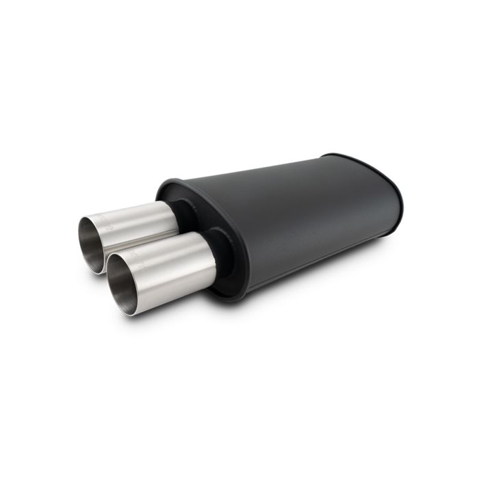 Vibrant Performance - 12321- STREETPOWER FLAT BLACK Oval Muffler with Dual 304SS Brushed Tips; Inlet ID: 3.00 in (76.2mm) Tip OD: 3.00 in (76.2mm); Muffler Body Size: 9 inW x 5 inH x 15 inL; Tip Location: Center of End Cap