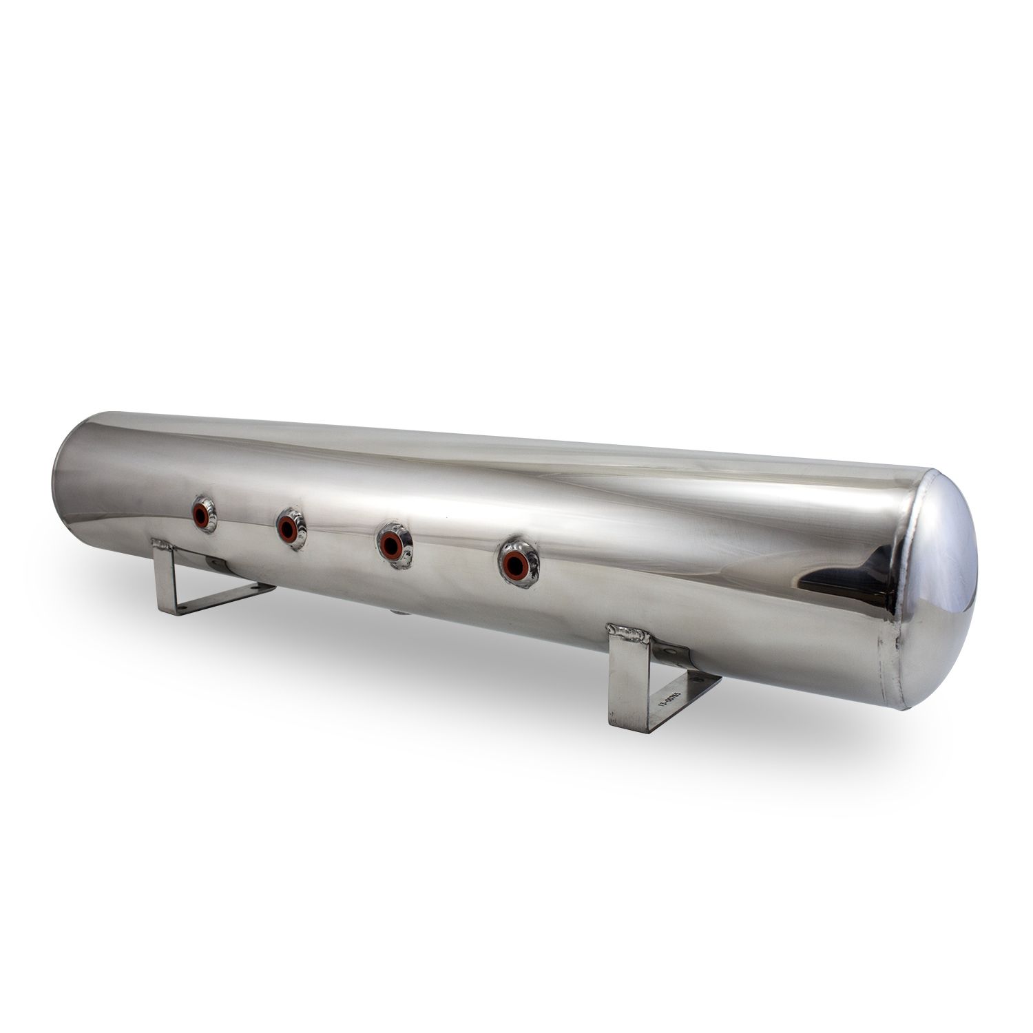 4 Gal Aluminum Air Tank; (4) 1/4 in. face ports & (2) 3/8 in. end ports; 6 in. D X 30 in. L, light weight, polished aluminum, 200PSI maximum operating pressure.