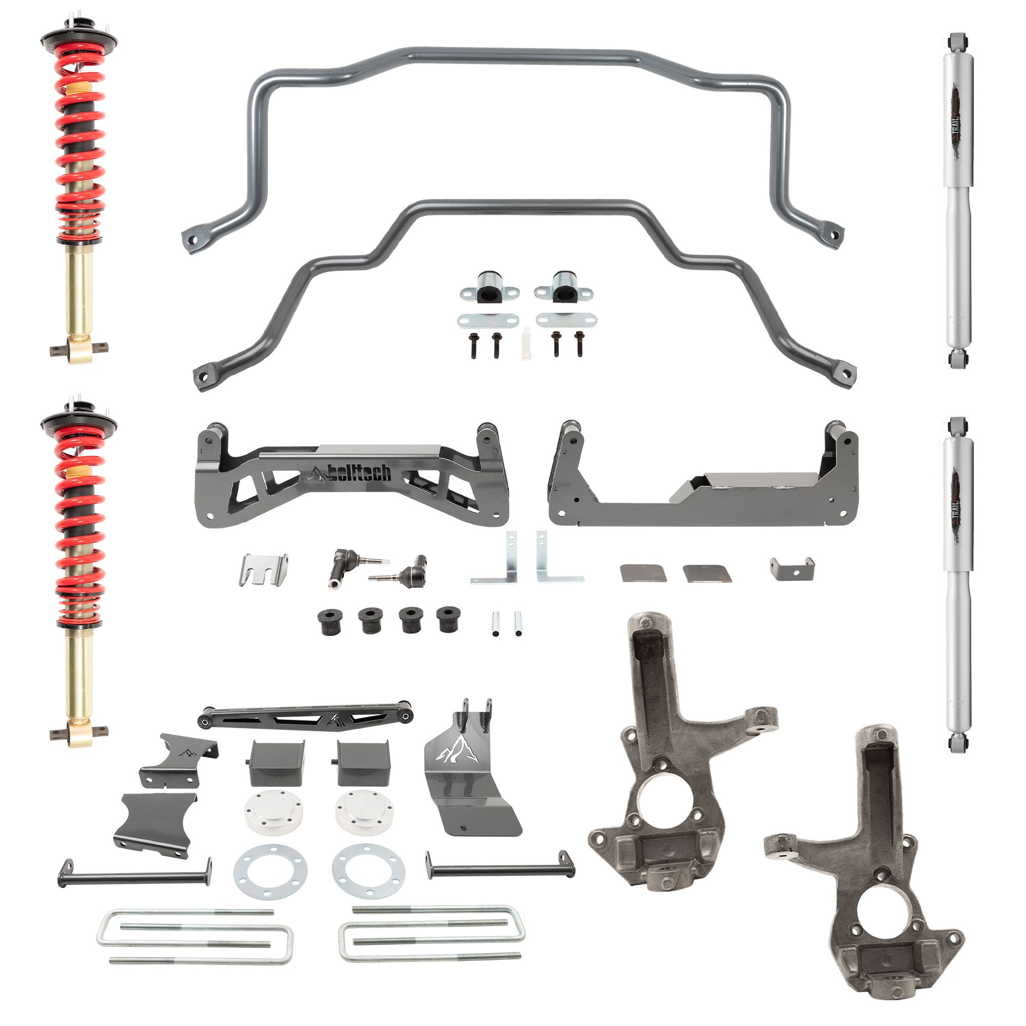 BELLTECH 150201HK LIFT KIT 7-9IN. LIFT KIT INC. FRONT AND REAR TRAIL PERFORMANCE COILOVERS/SHOCKS 2007-2016 SILVERADO / SIERRA 1500 4WD (EXT & CREW CAB) 7-9IN. LIFT W/ FRONT COILOVERS & SWAY BAR